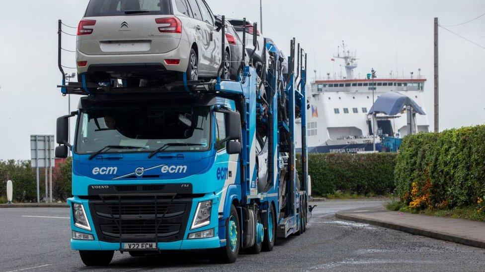 A lorry leaving a port in Belfast in May 2022