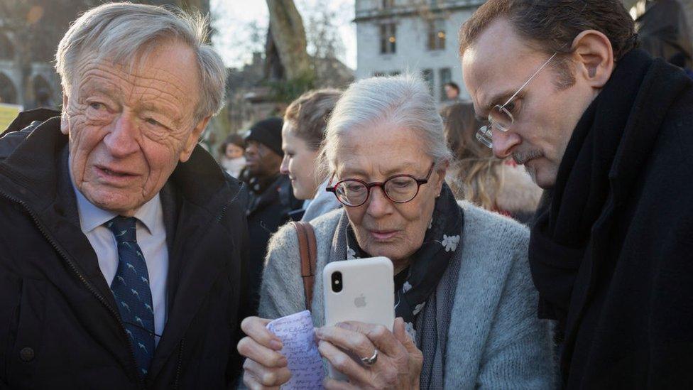 Lord Dubs with actress Vanessa Redgrave at a protest for the child refugee charity, Safe Passage, in Parliament Square Westminster, on 20 January 2020