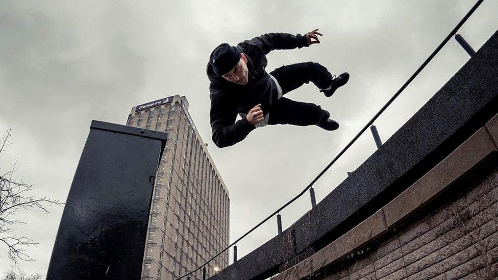 Danny Pierce flipping over a wall in the bearpit in Bristol