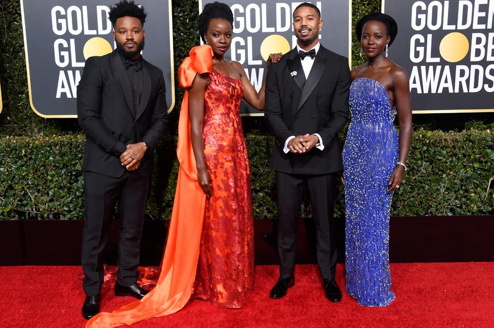 Black Panther director Ryan Coogler with actors Danai Gurira, Michael B Jordan, and Lupita Nyong'o