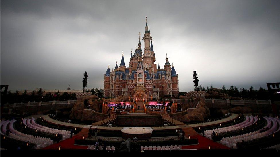 The Enchanted Storybook Castle at Shanghai Disney Resort, surrounded by seats in preparation for the opening ceremony, in Shanghai on 15 June 2016.