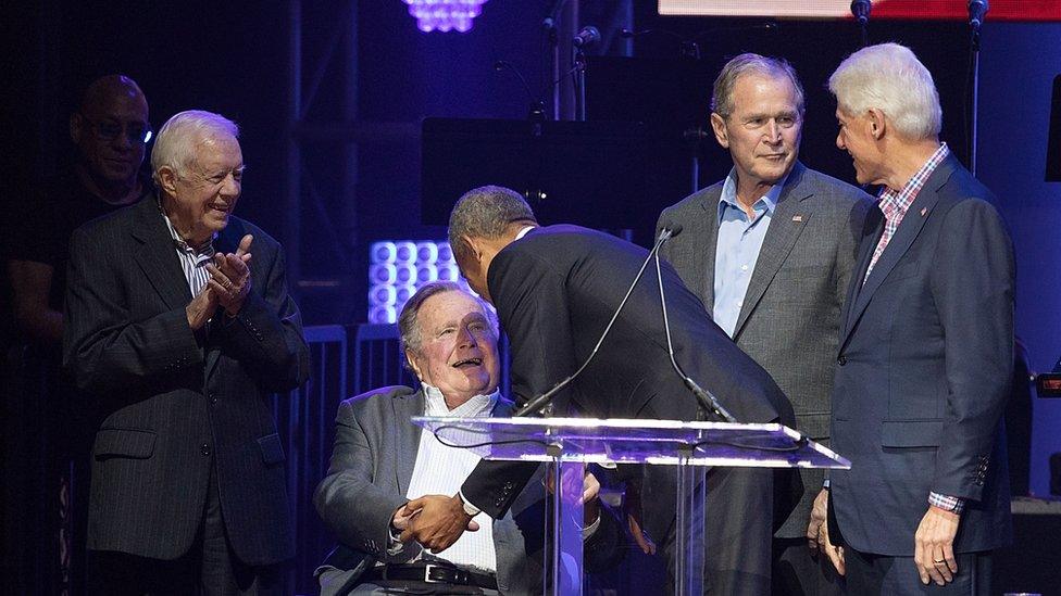 Former United States Presidents Jimmy Carter, George H.W. Bush, Barack Obama, George W. Bush, and Bill Clinton at a hurricane fundraiser