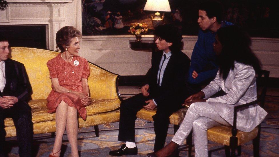 MacDonald (l) and Grange Hill cast members meet Nancy Reagan at the White House in 1986