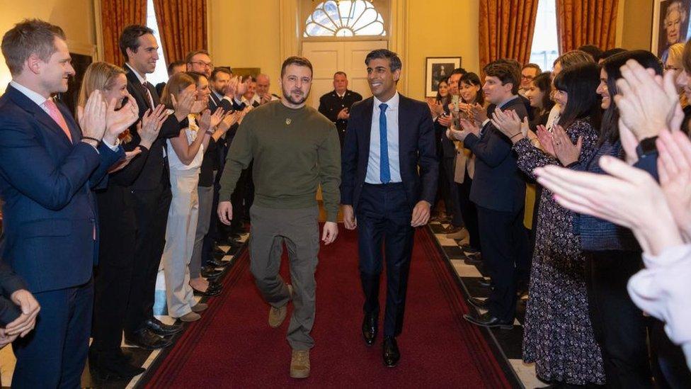 The Prime Minister Rishi Sunak welcomes the President of Ukraine Volodymyr Zelensky to 10 Downing Street where he was greeted by staff