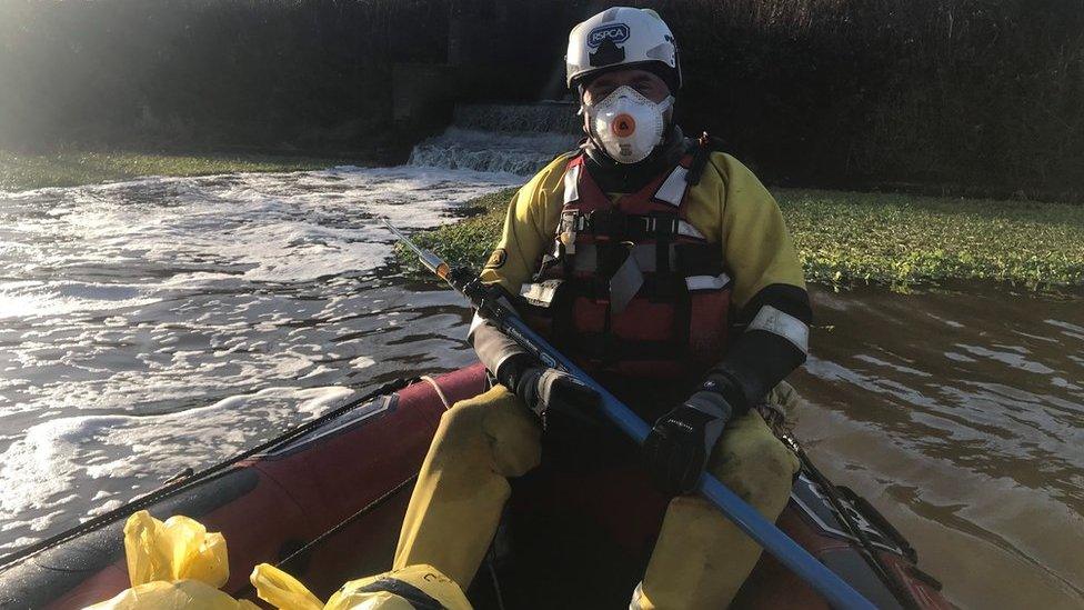 RSPCA officer on the River Weaver at Winsford Marina