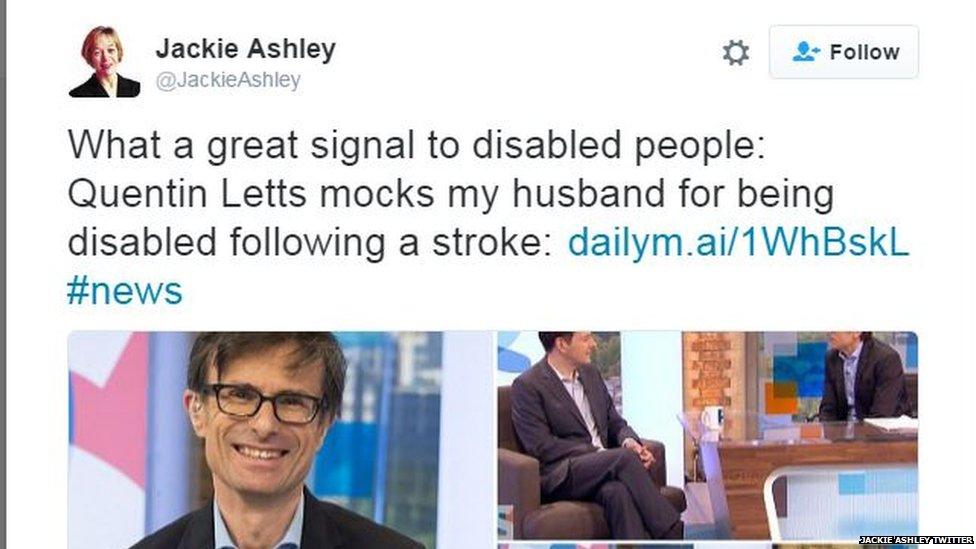 Jackie Ashley Twitter: "What a great signal to disabled people: Quentin Letts mocks my husband for being disabled following a stroke."