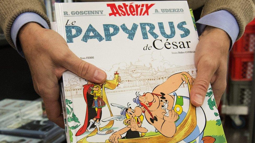 A close-up picture showing the edition 36 "Asterix and the Missing Scroll" from the Asterix series