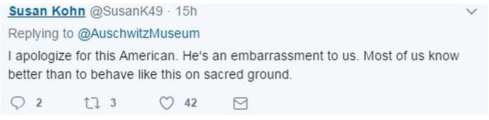 Tweet: "I apologise for this American. He's an embarrassment to us. Most of us know better than to behave like this on sacred ground."