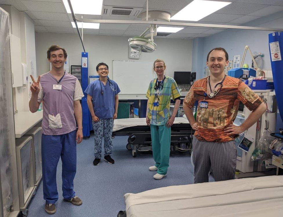 NHS Shetland staff in scrubs made by volunteers