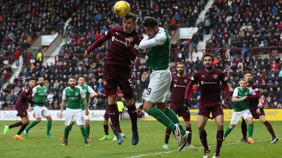 Players heading a ball during Hibs vs Hearts match