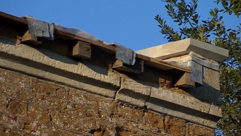 Roof damage at St Denys Church, in Goadby Marwood