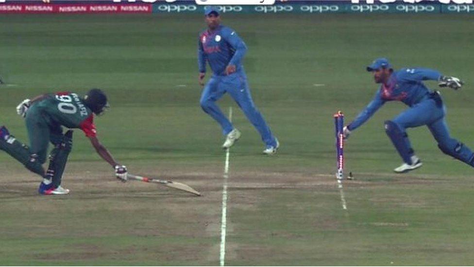 Dhoni runs out last Bangladesh batsman in their match in the Twenty20 World Cup