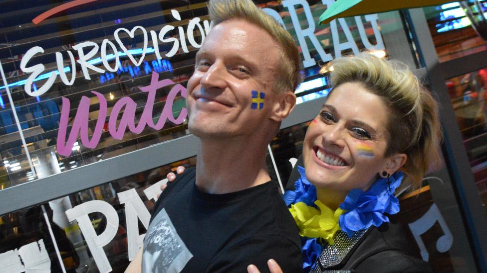 Eurovision fans outside Yates's wine lodge during the grand final in Liverpool