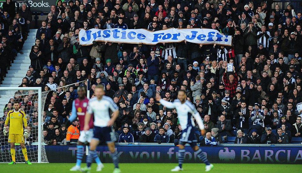 Justice for Jeff banner during the match between West Bromwich Albion and Aston Villa at The Hawthorns on December 13, 2014