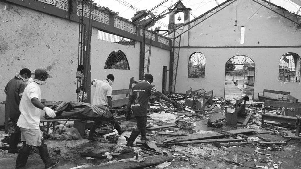 Victim of a guerrilla attack on a church in Bojaya, Choco, 2002