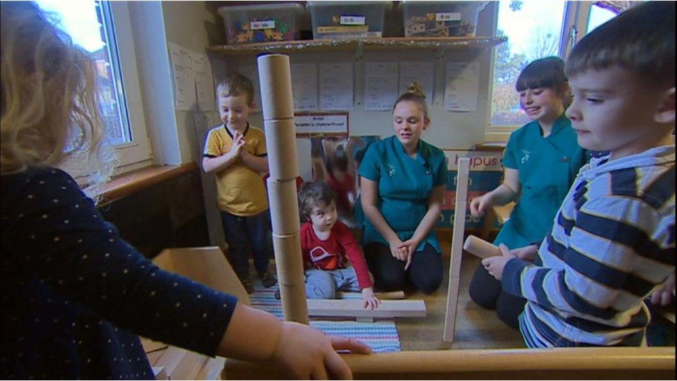 Staff at Welsh-language nursery Y Cam Cynta' in Peniel play with children.