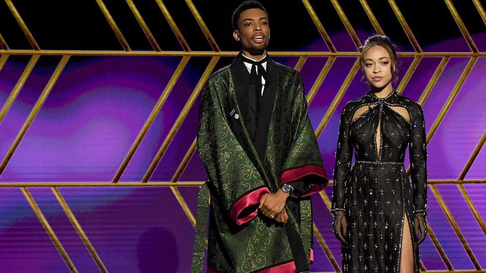 Jackson Lee and Satchel Lee speak onstage during the 78th Annual Golden Globe Awards