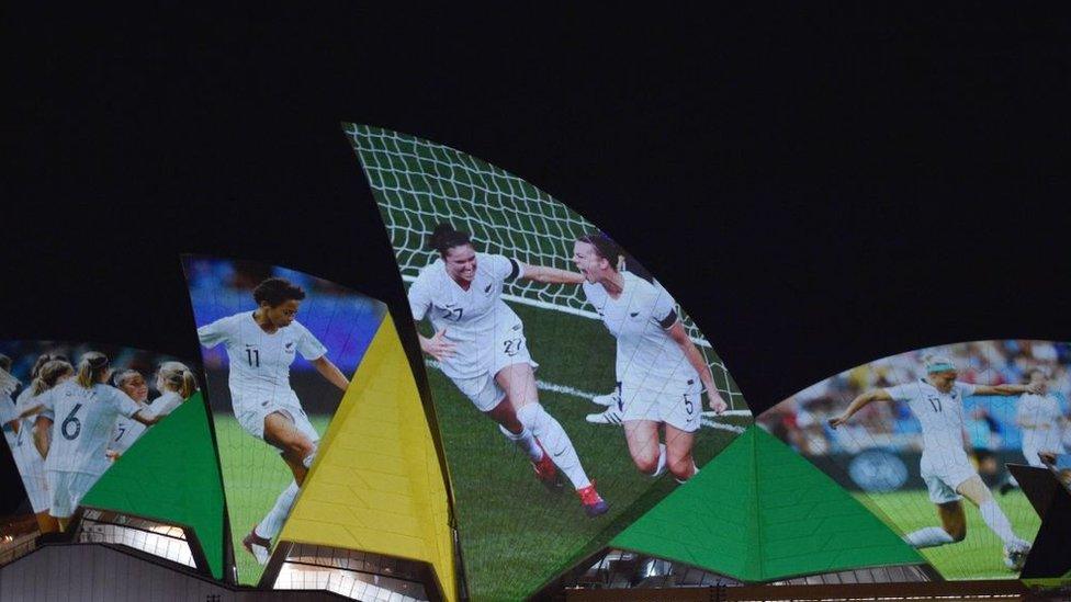 Sydney Opera House is lit in celebration of Australia and New Zealands joint bid to host the FIFA Womens World Cup 2023, in Sydney on June 25, 2020. -