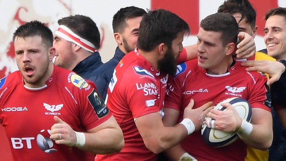 Scarlets celebrate Scott Williams' opening try