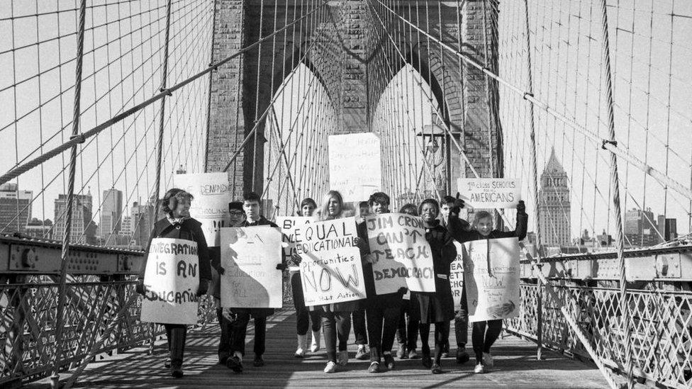 School boycott protests on the Brooklyn Bridge, New York City.