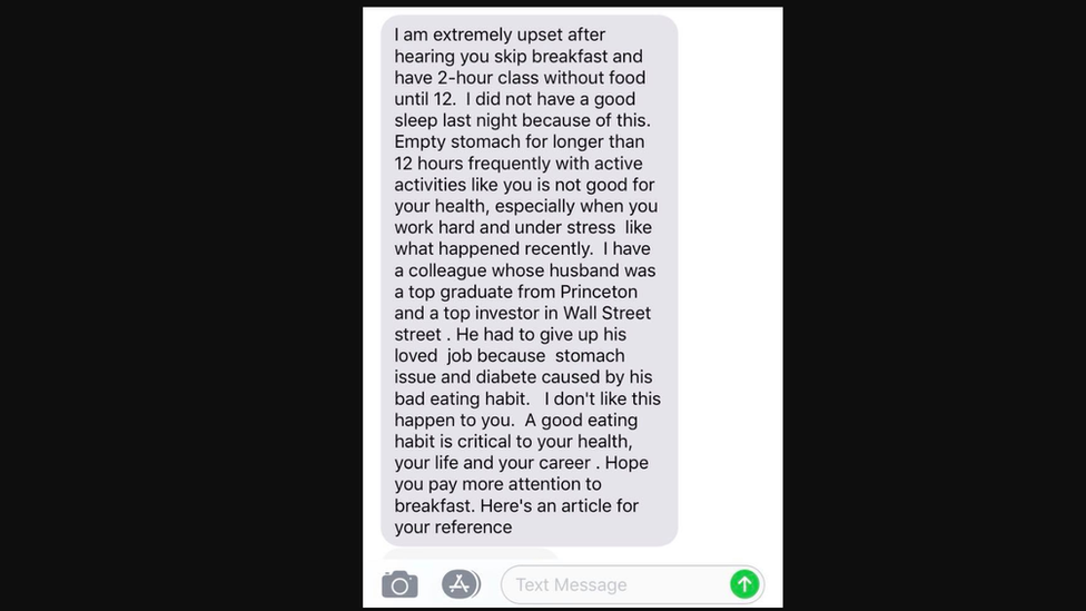 A screenshot of a text reads: "I am extremely upset after hearing you skip breakfast and have 2-hour class without food until 12. I did not have a good sleep last night because of this. Empty stomach for longer than 12 hours frequently with active activities like you is not good for your health, especially when you work hard and under stress like what happened recently. I have a colleague whose husband was a top graduate from Princeton and a top investor in Wall Street. He had to give up his loved job because stomach issue and diabetes caused by his bad eating habit. I don't like this happen to you. A good eating habit is critical to your health, your life and your career. Hope you pay more attention to breakfast. Here's an article for your reference."