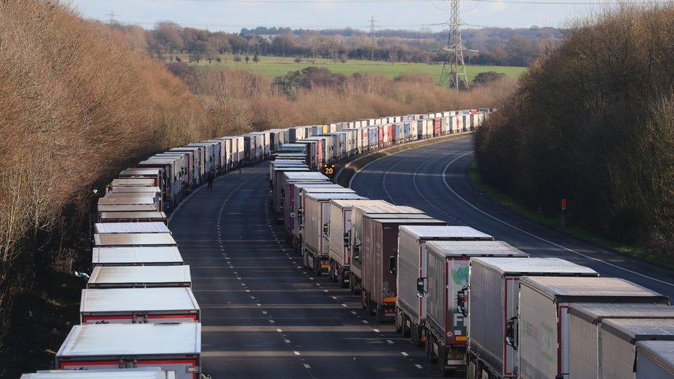 lorries lined up on the M20 near Ashford, Kent.