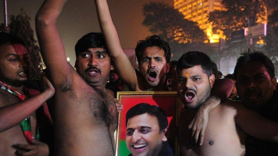 Indian supporters of the Chief Minister of the state of Uttar Pradesh Akhilesh Yadav take part in a protest after Yadav was expelled from his ruling regional Samajwadi Party in Allahabad on December 30, 2016.