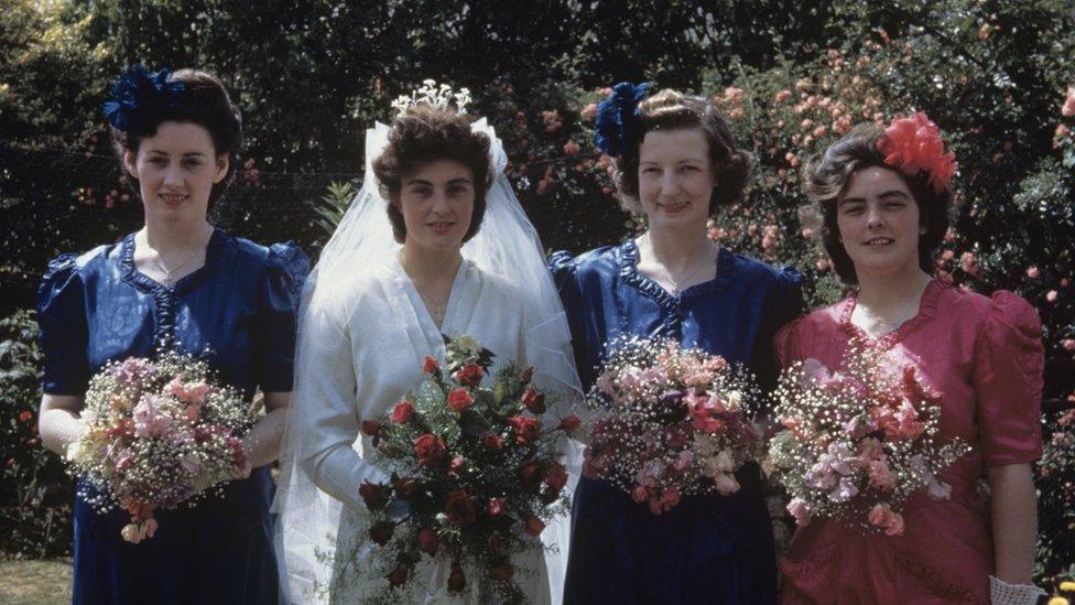 Margaret Holley, nee Scott, and her bridesmaids Phyllis, Iris and Mary, July 1945