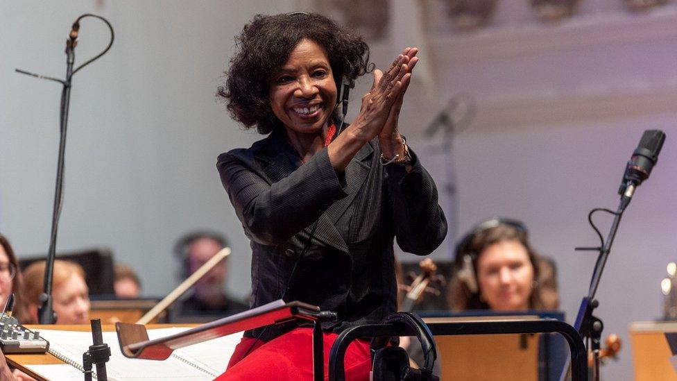 Shirley Thompson conducting during the recording of the anthem for the Women's Euros