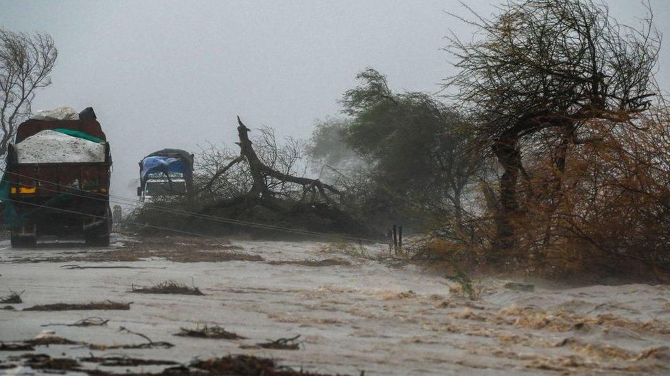 A flooded highway near Diu after the storm blasted ashore