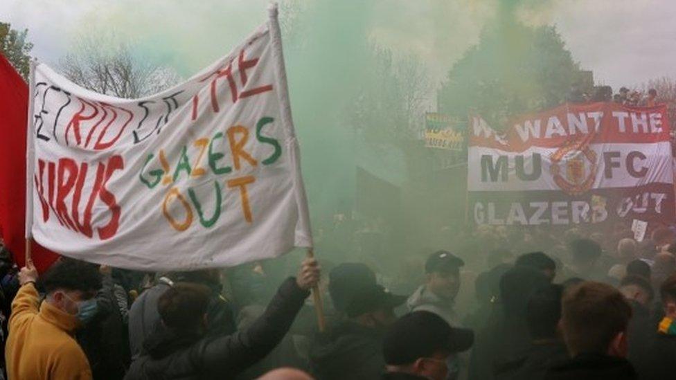 Fans protesting about Manchester United owners