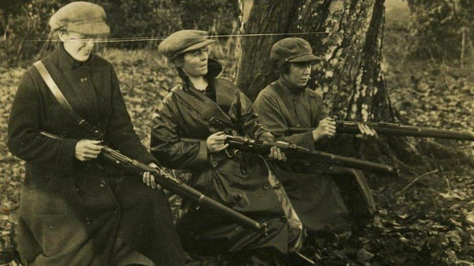 Linda Kerns, Eithne Coyle and Mae Burke at rifle practice in Duckett’s Grove, Carlow