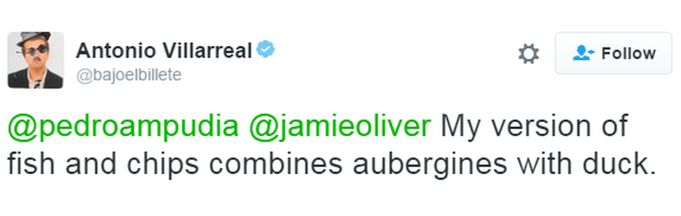A tweet reads: "@pedroampudia @jamieoliver My version of fish and chips combines aubergines with duck.