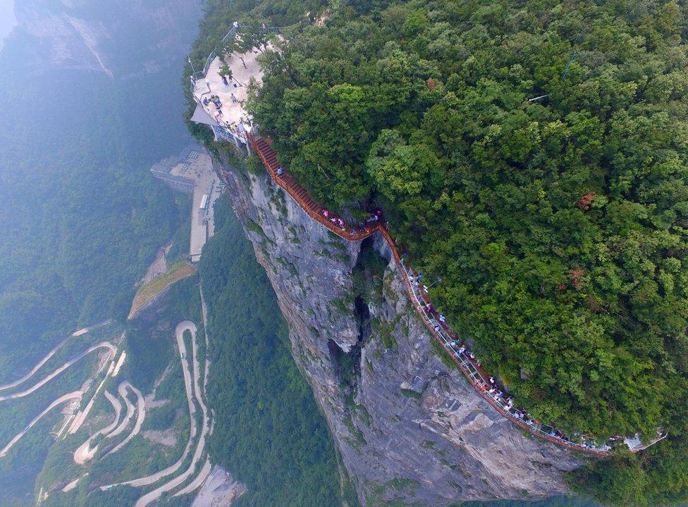 Aerial view of the walkway in Tianmen Mountain, China