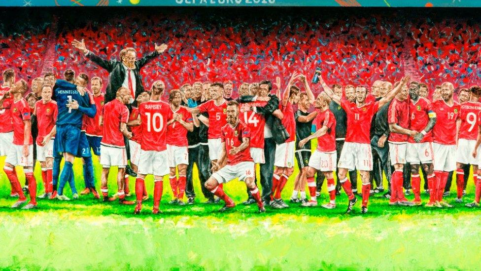 Owain Fon Williams' painting of Wales celebrating their Euro 2016 quarter-final win over Belgium