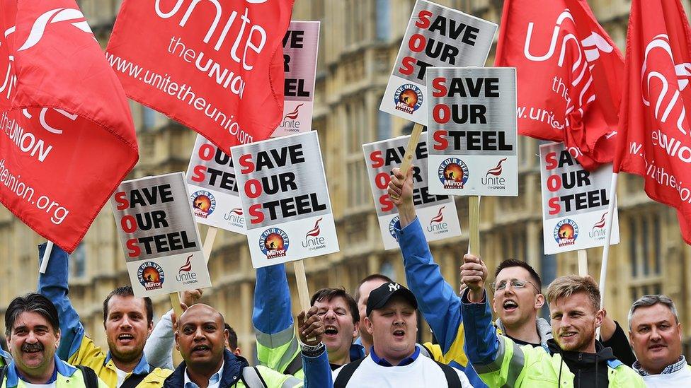 Steel workers protest in London, Britain, 25 May 2016.