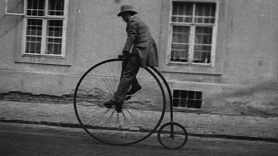 GP Mills riding penny farthing in 1886