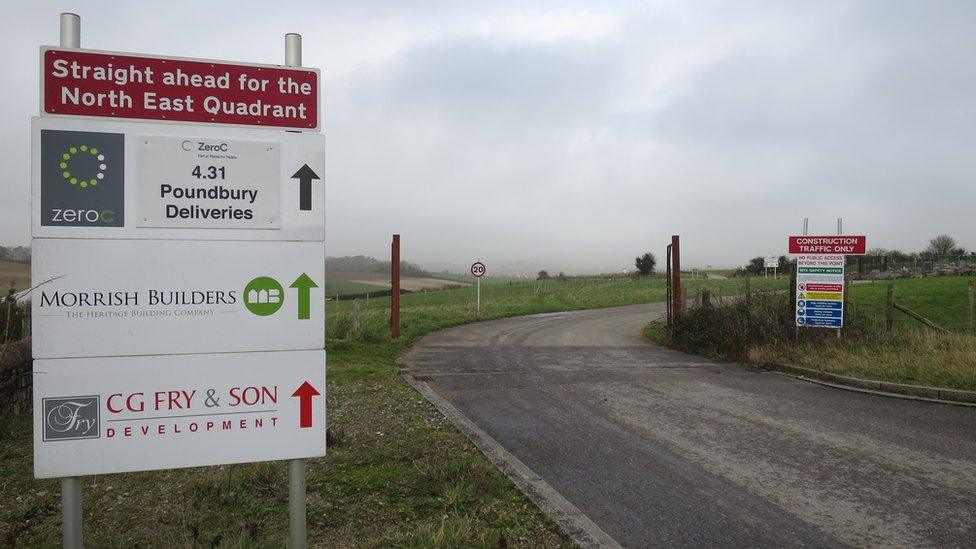 Signs for construction traffic in Poundbury