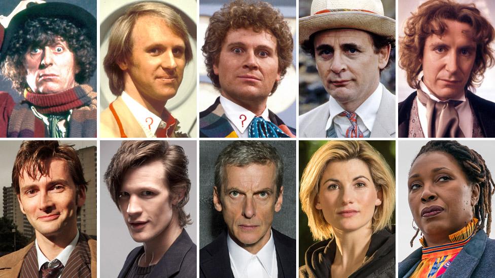 Clockwise from top left: Tom Baker, Peter Davison, Colin Baker, Sylvester McCoy, Paul McGann, Jo Martin, Jodie Whittaker, Peter Capaldi, Matt Smith and David Tennant