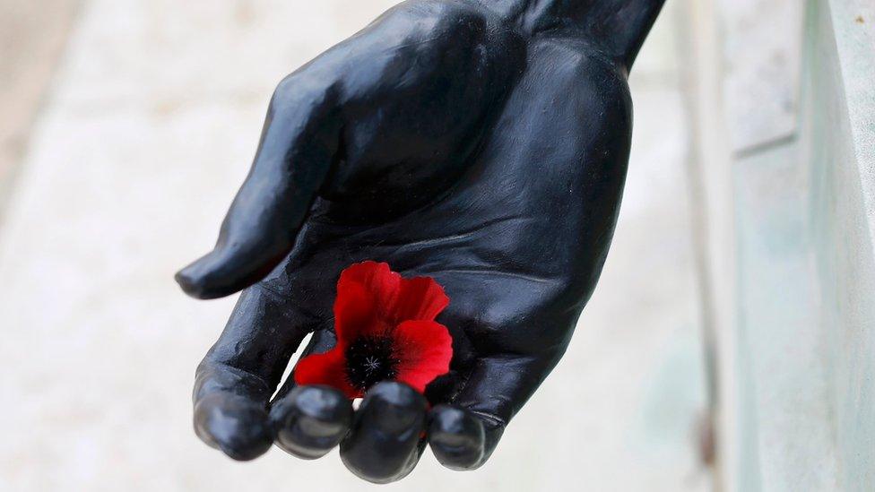 A poppy in the hand of a statue