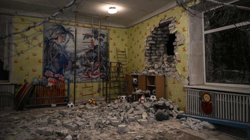 Debris after the reported shelling of a kindergarten in the settlement of Stanytsia Luhanska, Ukraine