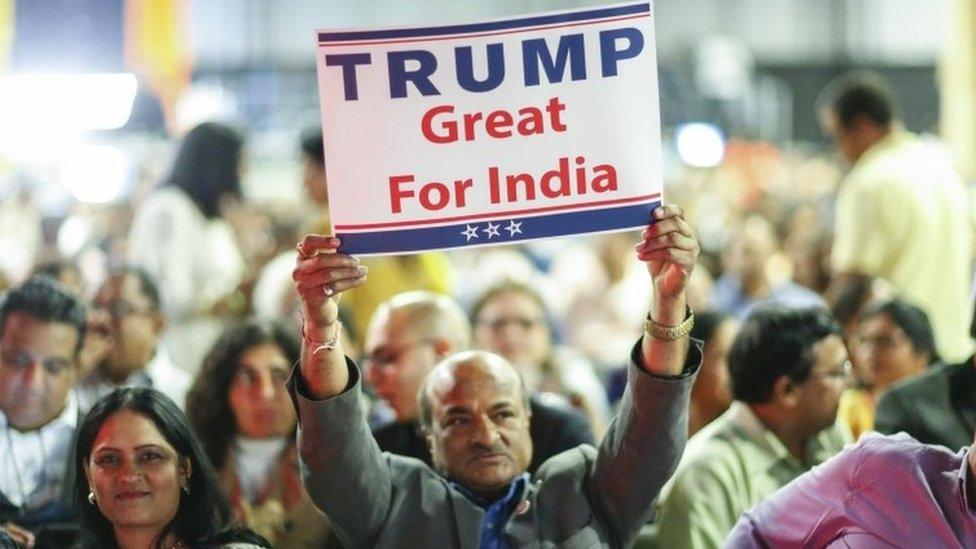 Republican presidential candidate Donald Trump supporters listens as he speaks during the Republican Hindu Coalition"s Humanity United Against Terror Charity event on October 15, 2016 at the New Jersey Convention ^ Expo Center in Edison, New Jersey.