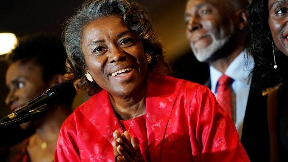 Winsome Sears celebrates winning the race for Lt. Governor of Virginia as she introduces Republican candidate for Governor Glenn Youngkin during an election night party in Chantilly Virginia, U.S., November 3, 2021.