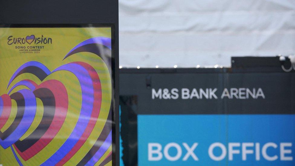 Signage is seen outside the M&S Bank Arena which will be the venue for the Eurovision Song Contest in May 2023, in Liverpool, Britain, March 8, 2023