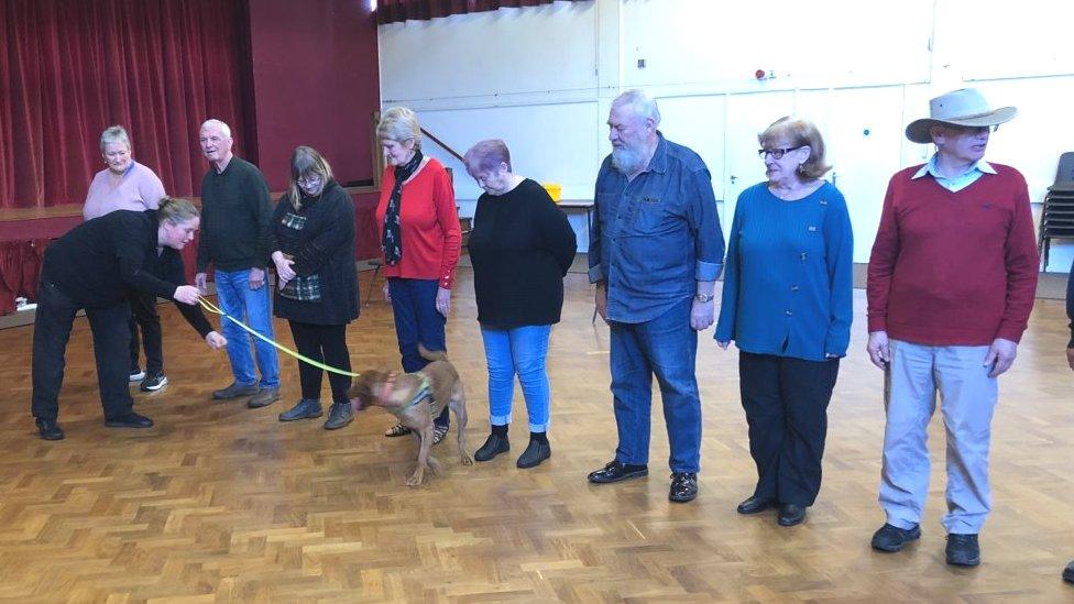 People being sniffed by a dog