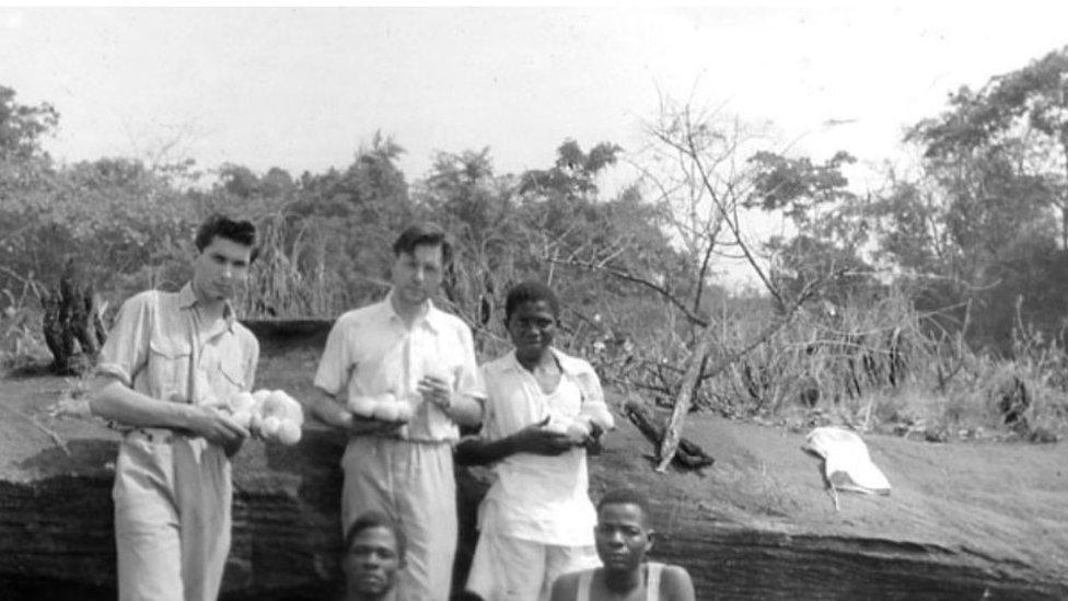 Bob Golding with Gerald Durrell and local hunters in Africa