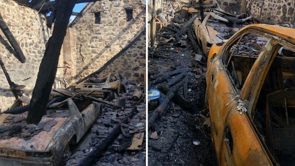 Aftermath of the fire shows a damaged building and vehicles