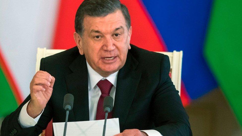 Uzbek President Shavkat Mirziyoyev speaks during a joint press conference with his Russian counterpart following their meeting at the Kremlin in Moscow on 5 April 2017