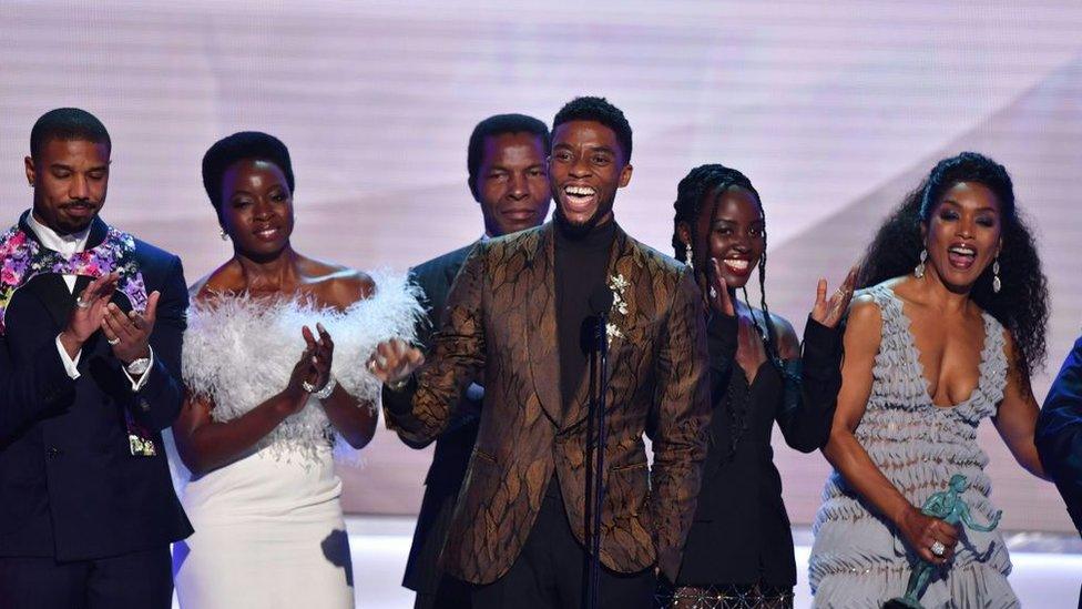 Chadwick Boseman, Michael B. Jordan, Danai Gurira, Lupita Nyong'o, Angela Bassett and the cast of 'Black Panther' accept the award for best Cast In A Motion Picture