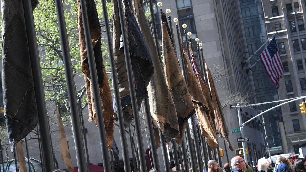 Ibrahim Mahama's jute sack flags outside the United Nations HQ